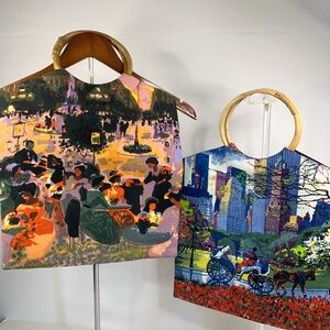 Take Two VTG, wooden handle tote bags, Central Park & Fouguet’s Cafe In Paris